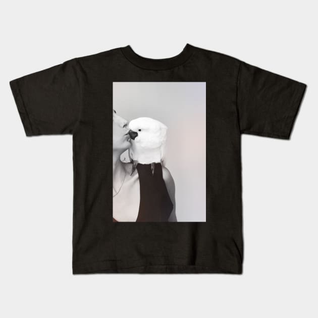 white cockatoo kiss love picture blanc and white grey Kids T-Shirt by Oranjade0122